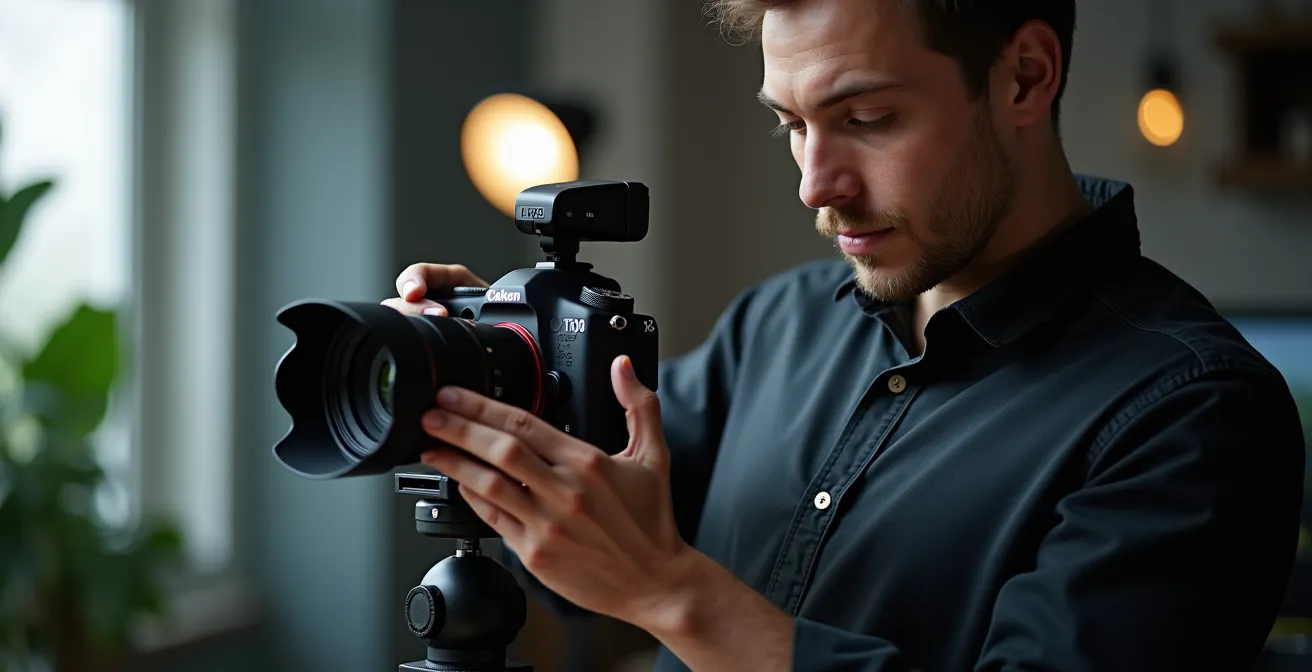 Photographe-vidéaste travaillant avec un setup reflex hybride en production