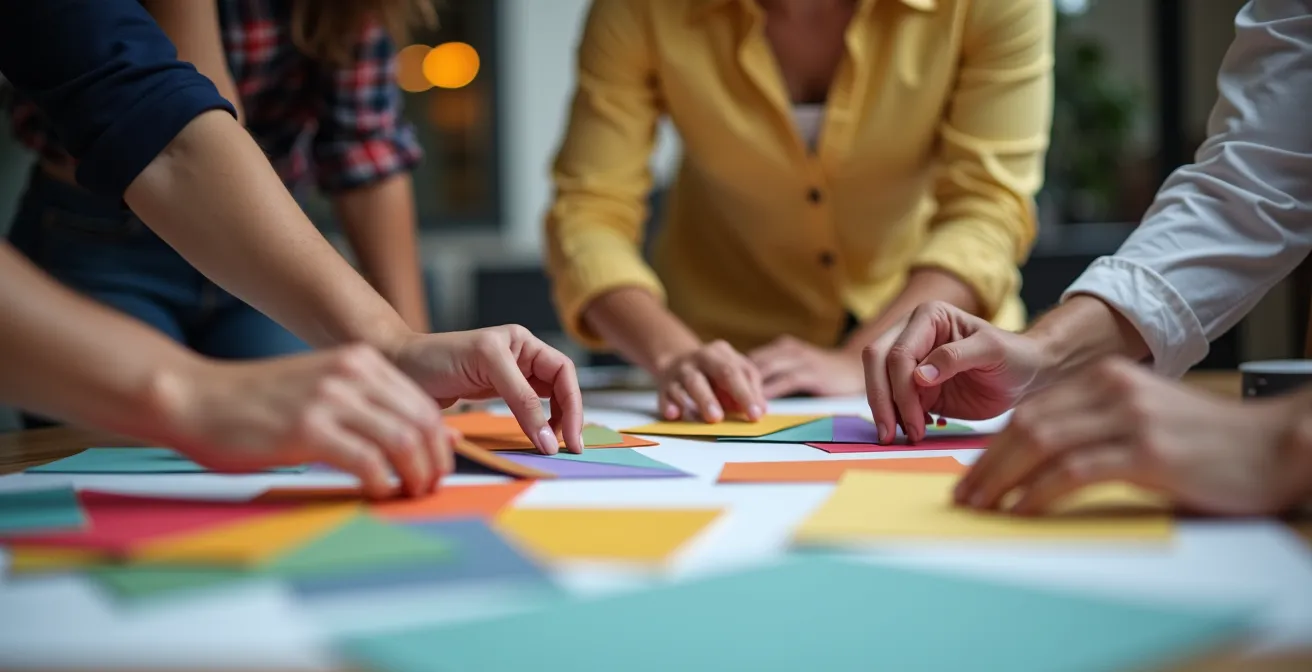 Vue rapprochée de mains en collaboration créative avec matériaux colorés