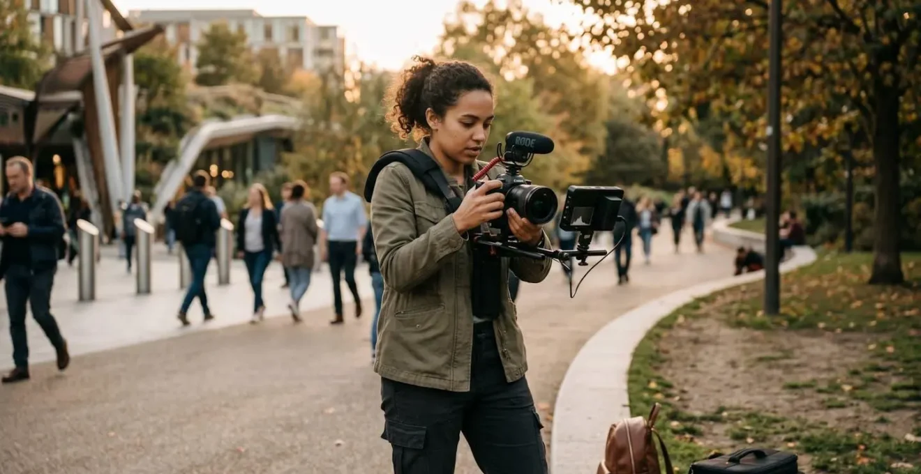 Créateur de contenu vidéo utilisant un appareil photo hybride professionnel lors d'un tournage en extérieur, lumière dorée de fin de journée