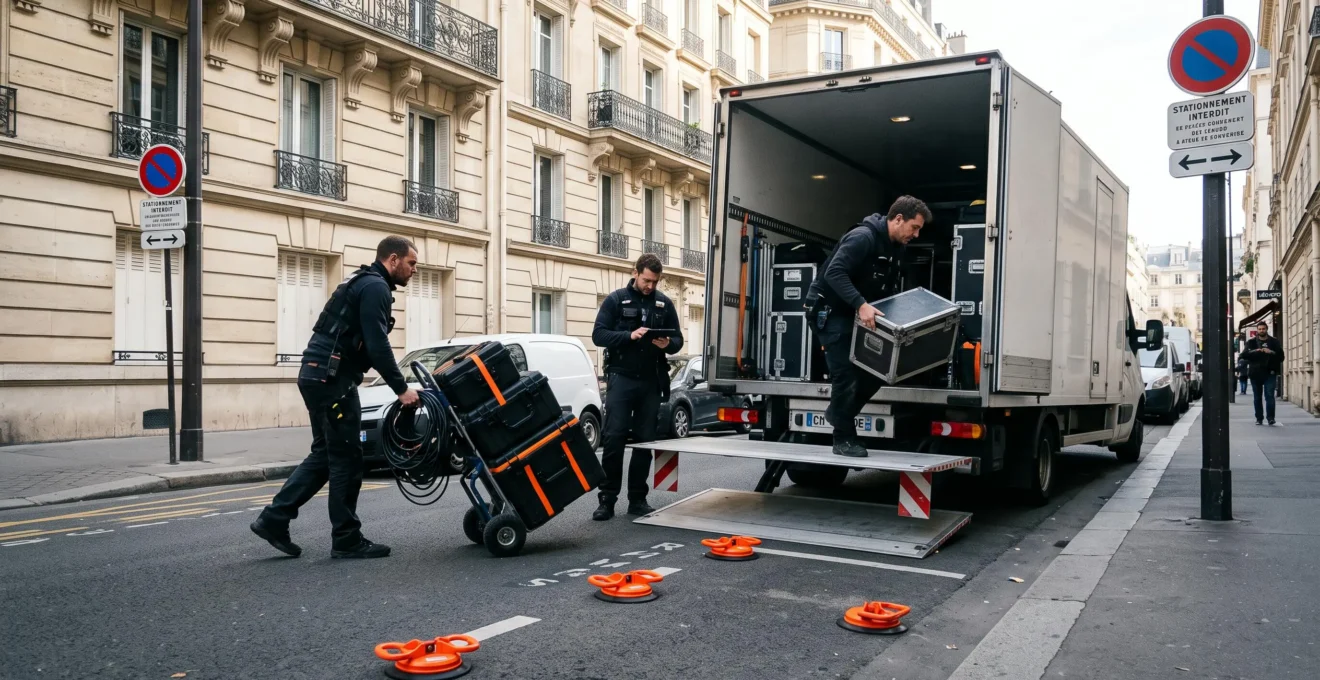 Équipe de tournage déchargeant du matériel professionnel depuis un camion régie garé dans une rue parisienne, avec ventouses oranges de réservation visibles au premier plan sur la chaussée