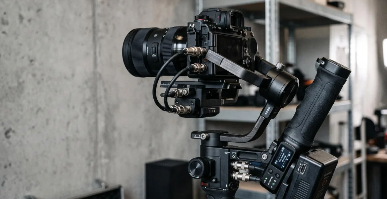 Gros plan détaillé d'un gimbal motorisé 3 axes professionnel avec caméra mirrorless montée, moteurs brushless et axes mécaniques de stabilisation visibles, finition aluminium noir mat sur fond studio neutre