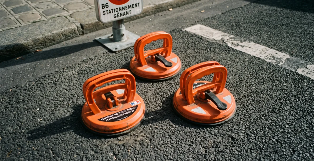 Gros plan sur ventouses professionnelles orange fixées sur asphalte parisien pour réservation d'emplacements de tournage, avec panneau de signalisation en arrière-plan
