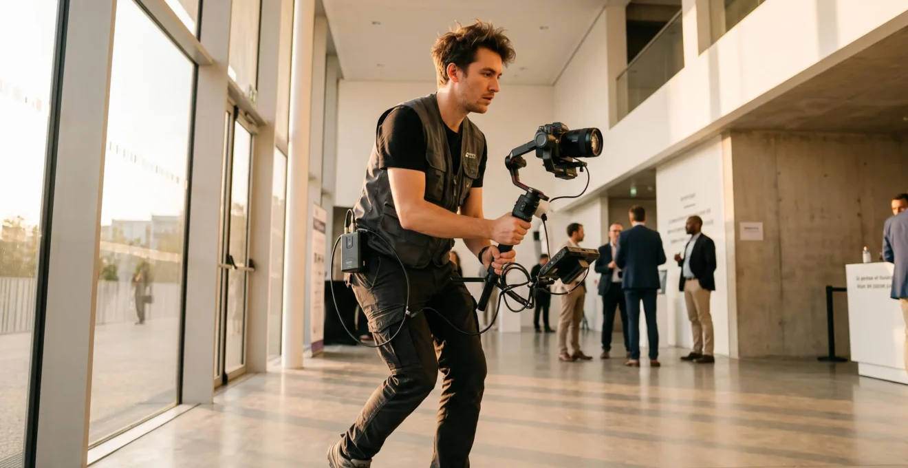 Opérateur vidéo professionnel utilisant un gimbal motorisé 3 axes avec caméra mirrorless montée, filmant en mouvement lors d'un tournage événementiel dans une salle contemporaine éclairée par lumière naturelle dorée