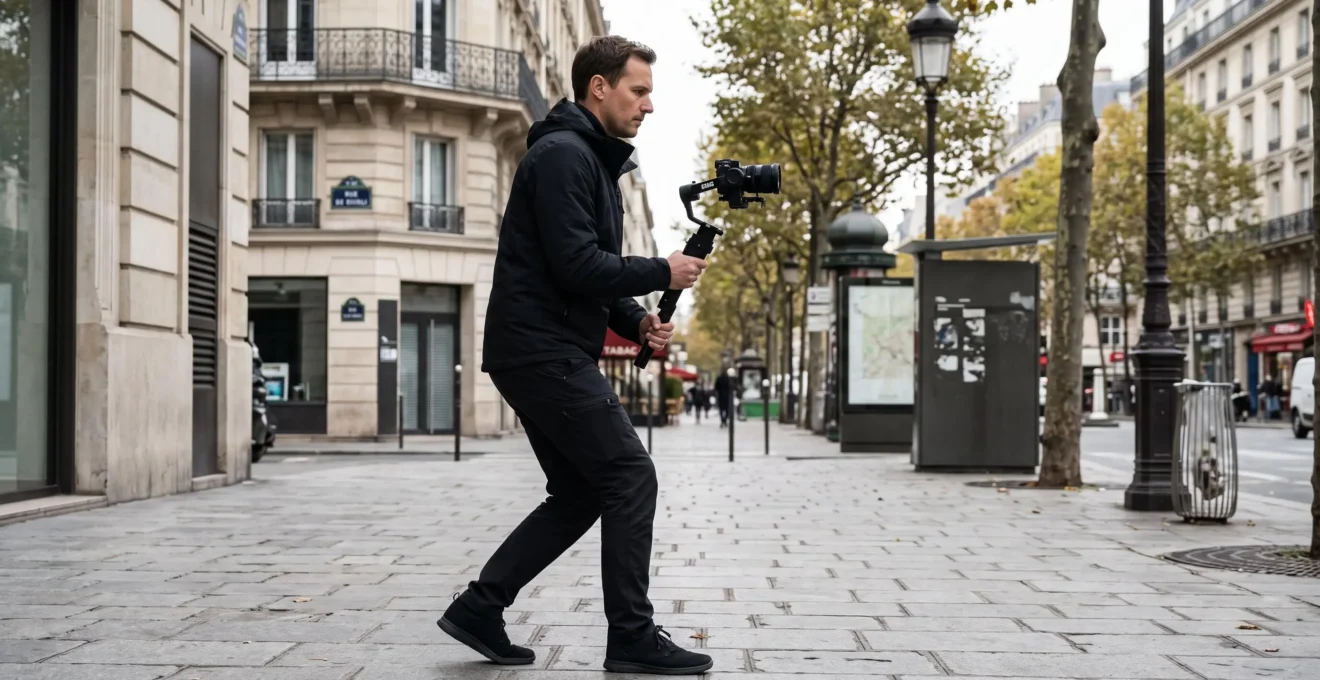 Opérateur vidéo démontrant la technique de marche stabilisée avec gimbal sur trottoir urbain français, posture correcte avec genoux fléchis et démarche souple, architecture contemporaine en arrière-plan