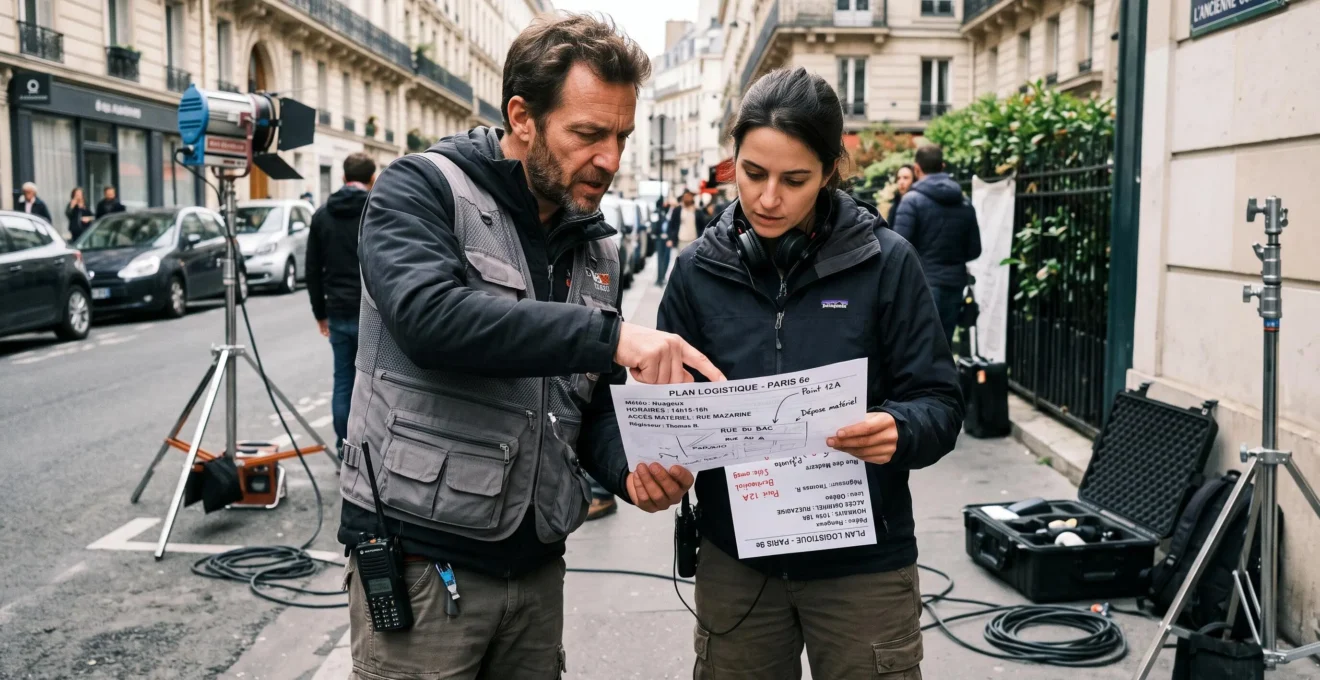 Régisseur et technicienne de tournage debout consultant ensemble un plan logistique papier sur un plateau extérieur parisien, avec matériel de tournage visible en arrière-plan