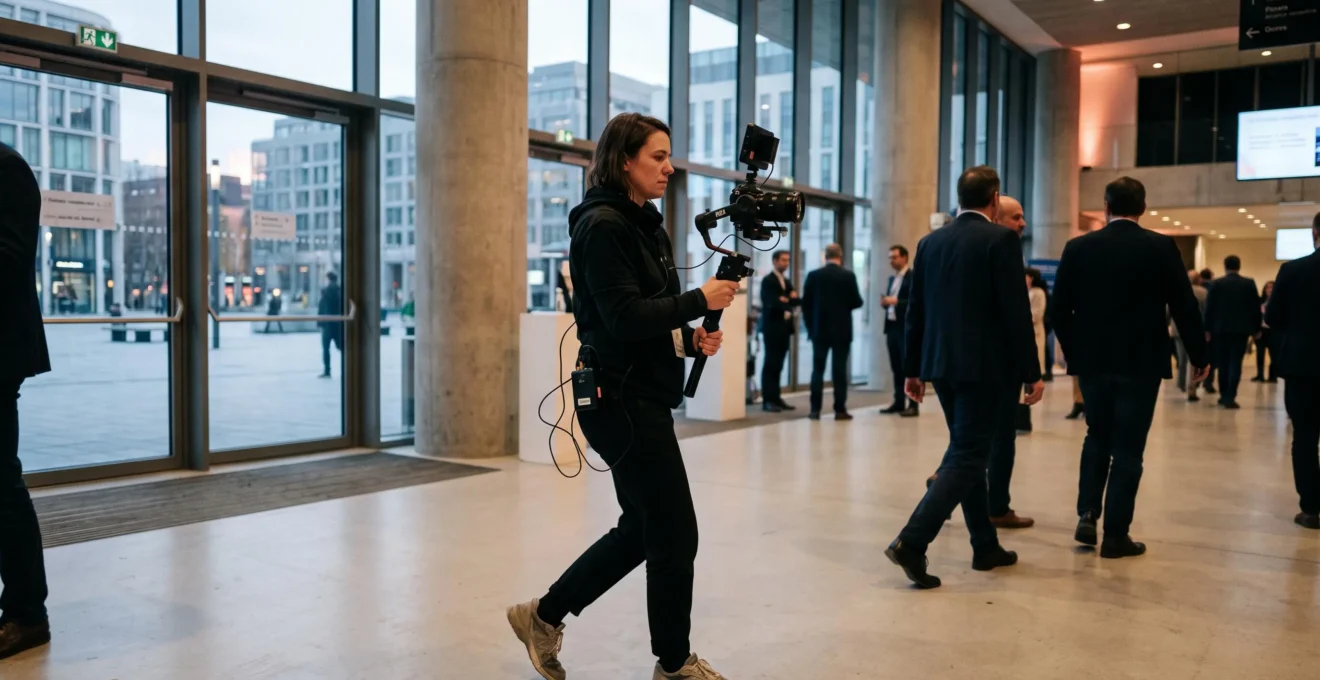 Vidéaste professionnel filmant un événement corporate français avec gimbal hybride et caméra mirrorless, en mouvement dans une salle de réception contemporaine éclairée par lumière naturelle et éclairage événementiel doux